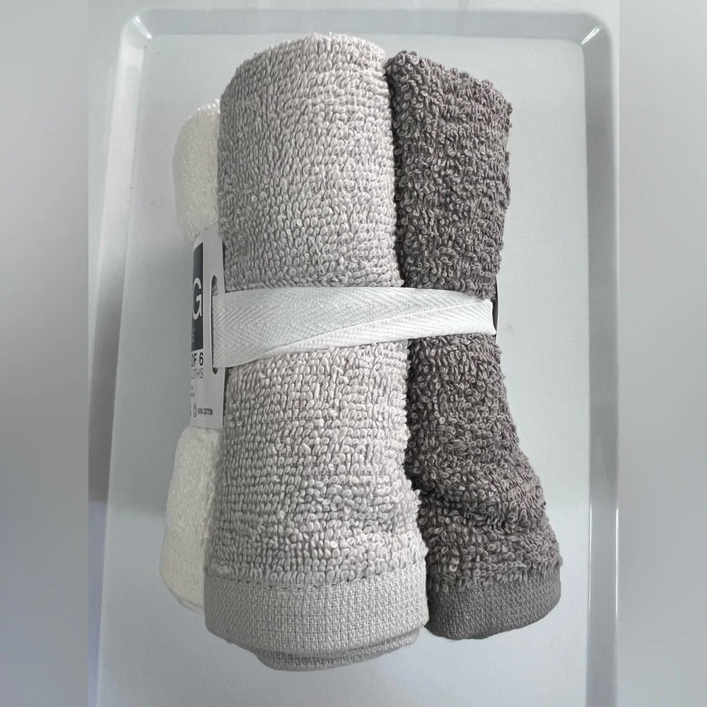 The Big One Washcloths Face Cloths 6 Pack 100% Cotton Gray & White 13” x 13”